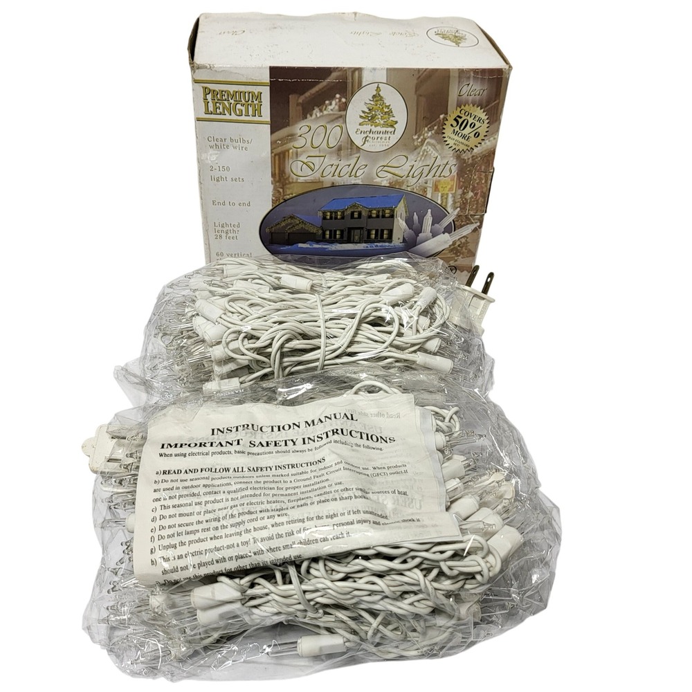 Enchanted Forest 300 Icicle Lights Clear Bulbs White Wire 28ft 2-150 Sets 81574*